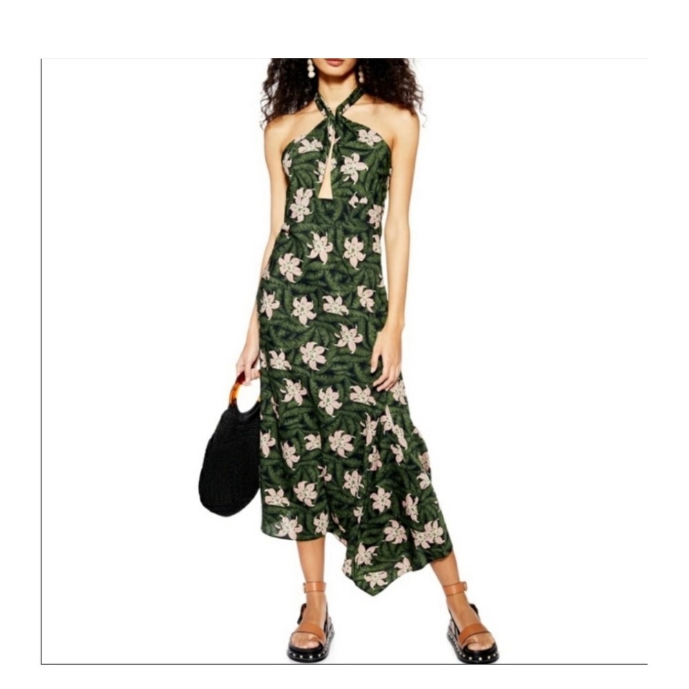 Topshop Green Floral Halter Midi Dress Cutout Asymmetric Summer size 10